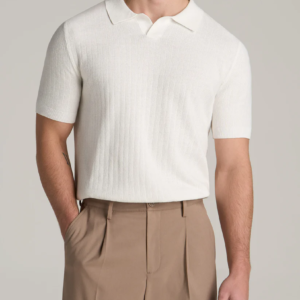 Linen Blend Ribbed Knit Polo Shirt for Tall Men in Ecru